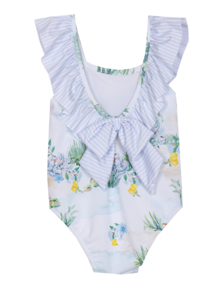 Achterkant van Patachou badpak met gestreepte ruffles en strik op de rug