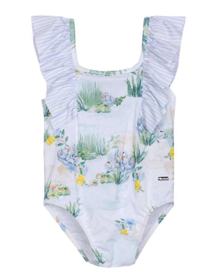 Baby en meisjes badpak van Patachou uit de Saint-Tropez collectie met ruffles en mediterrane print