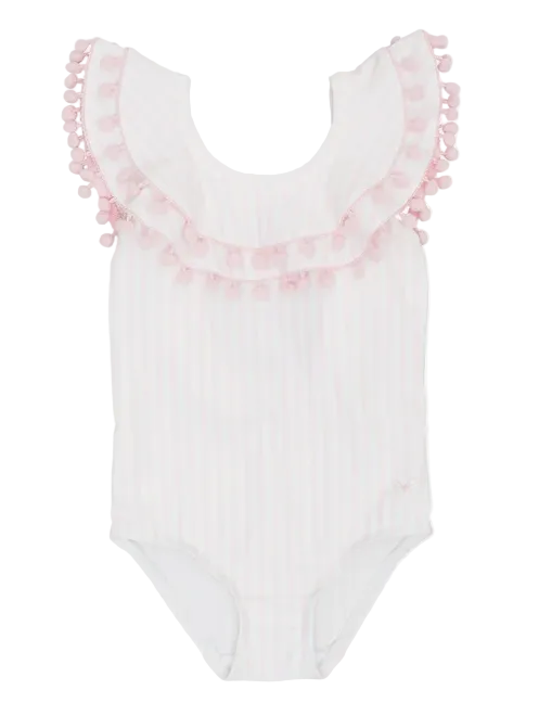 Livly badpak roze wit gestreept meisje met pompon ruffle kraag