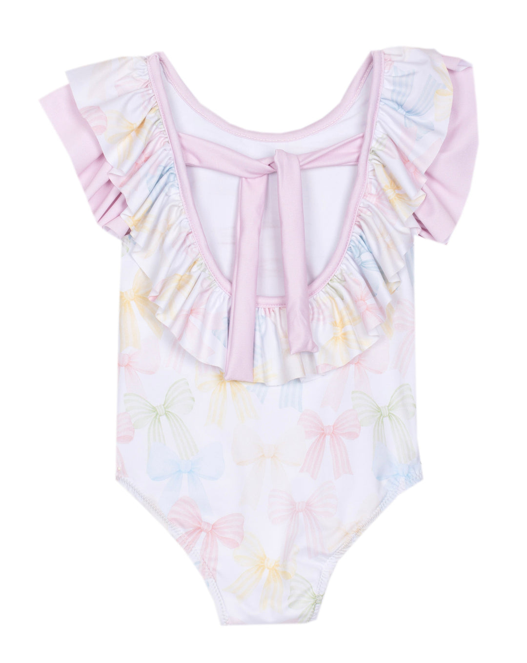 Baby badpak met pastel strikprint en ruffle details van Patachou, wit badpak voor meisjes uit de zomercollectie 2026