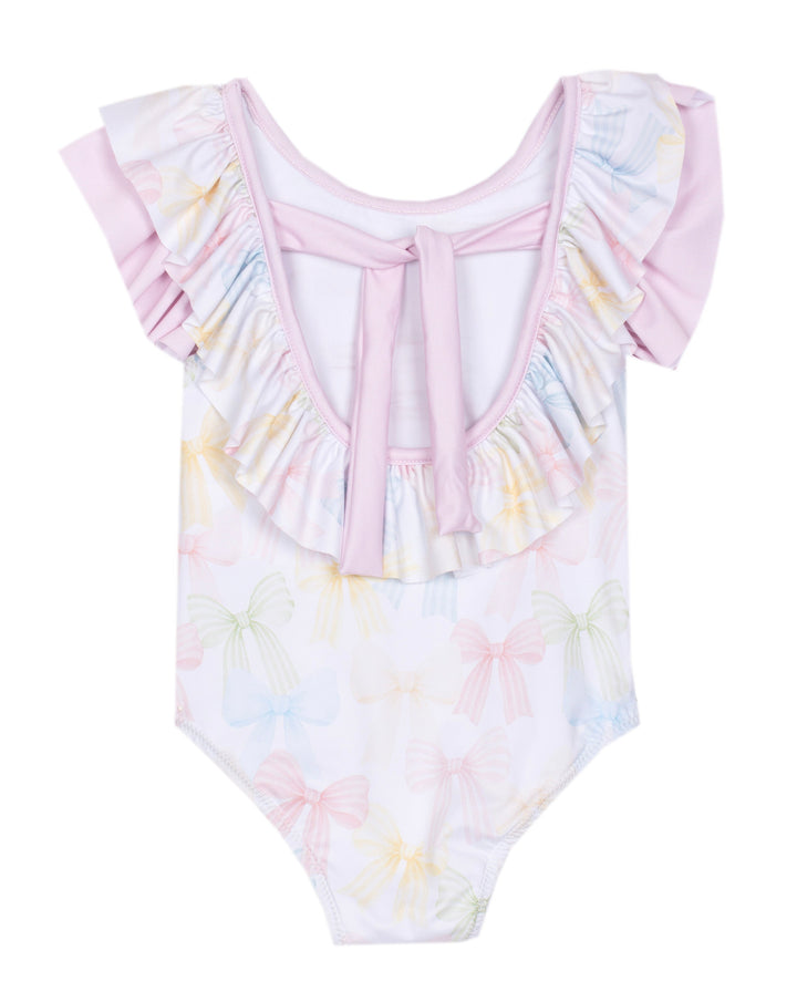 Baby badpak met pastel strikprint en ruffle details van Patachou, wit badpak voor meisjes uit de zomercollectie 2026