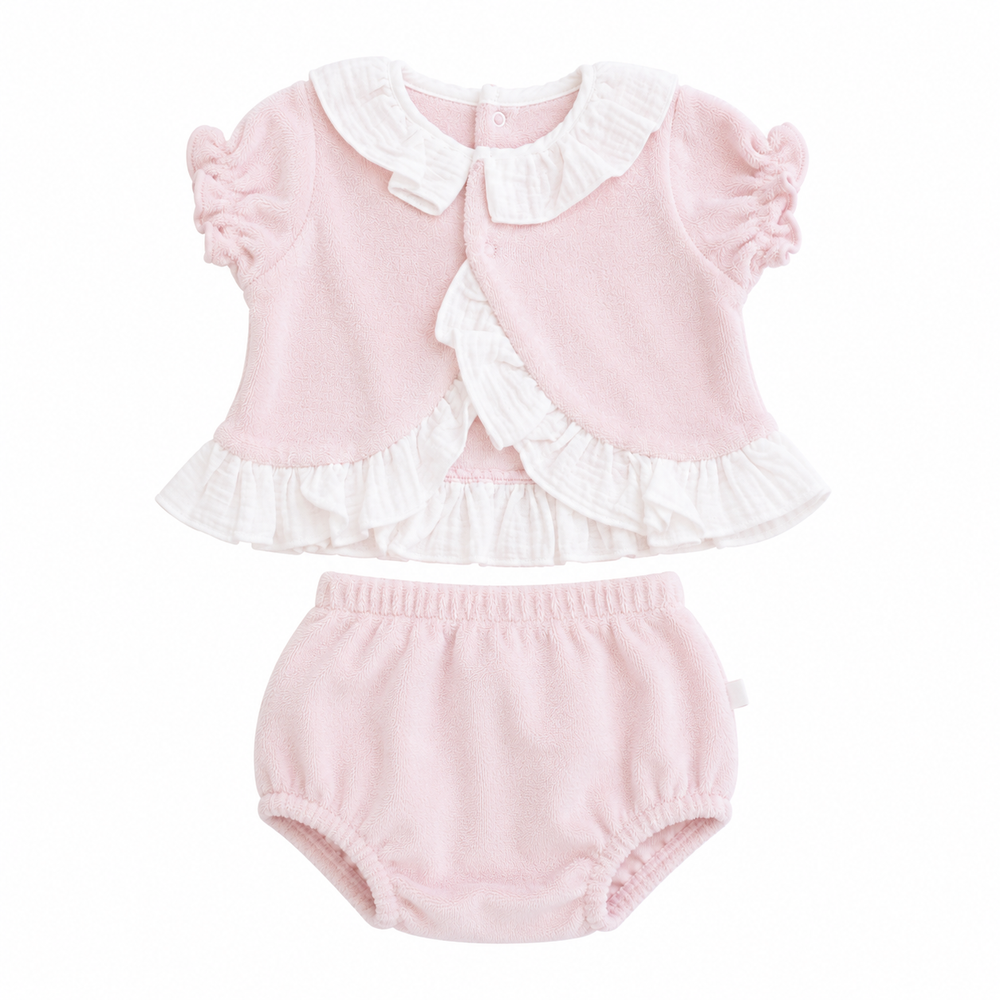 achterkant van badstof setje bloomer + top met tetra details in wit en lichtroze van Calamaro