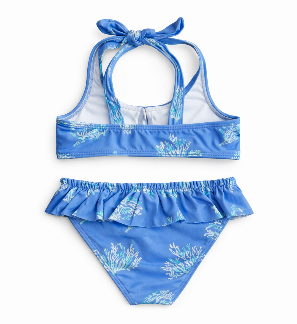 achterkant van bikini met koraal print van 