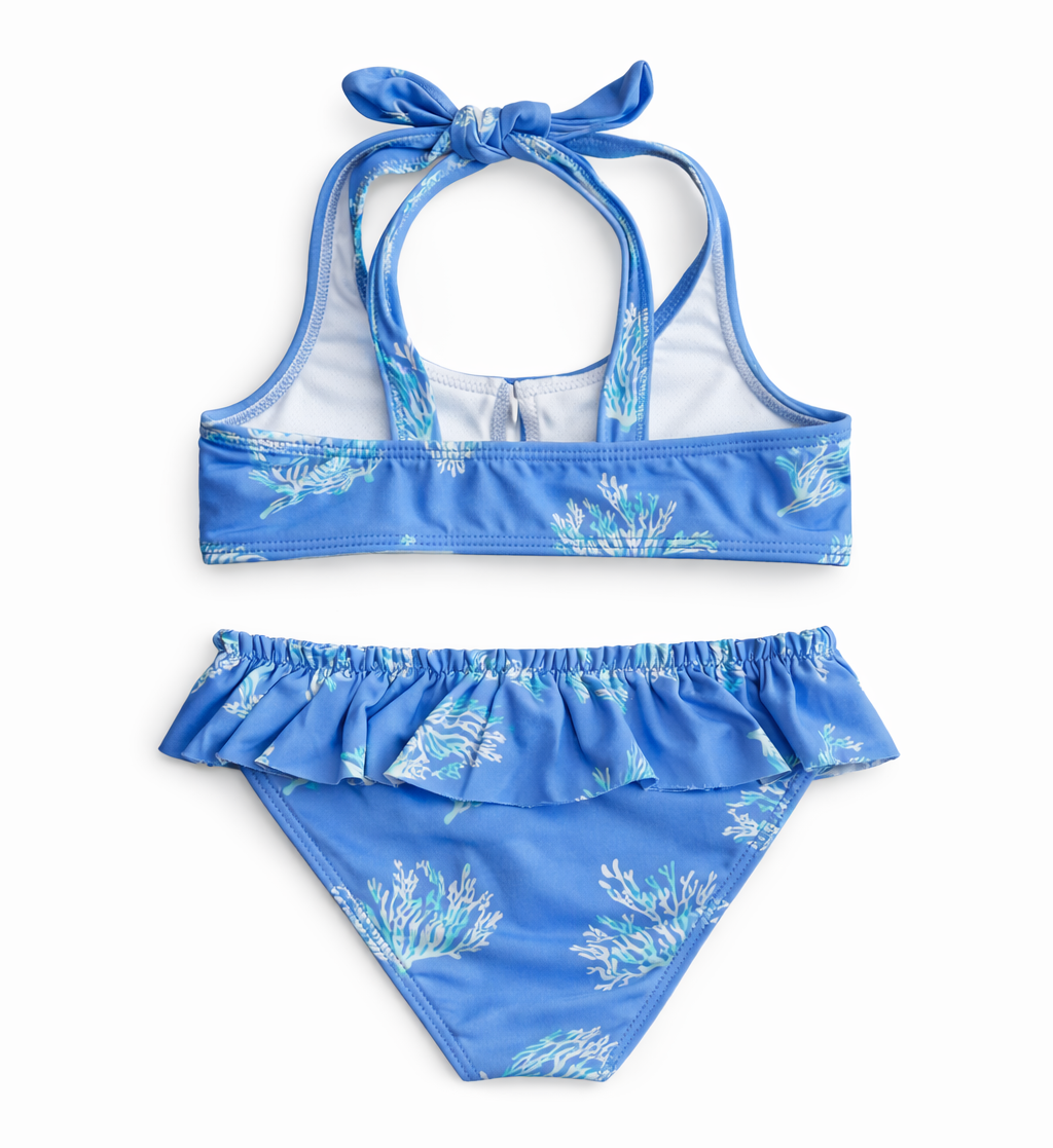 achterkant van bikini met koraal print van 