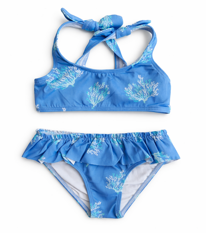 bikini met koraal print overslag bandjes met ruche rand op het bikini broekje van Martin aranda 
