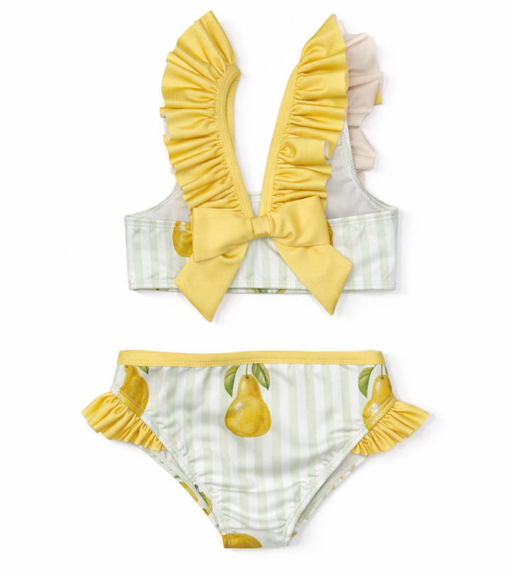 achterkant van frisse bikini met peren print in geel en groen witte streep van Meia Pata