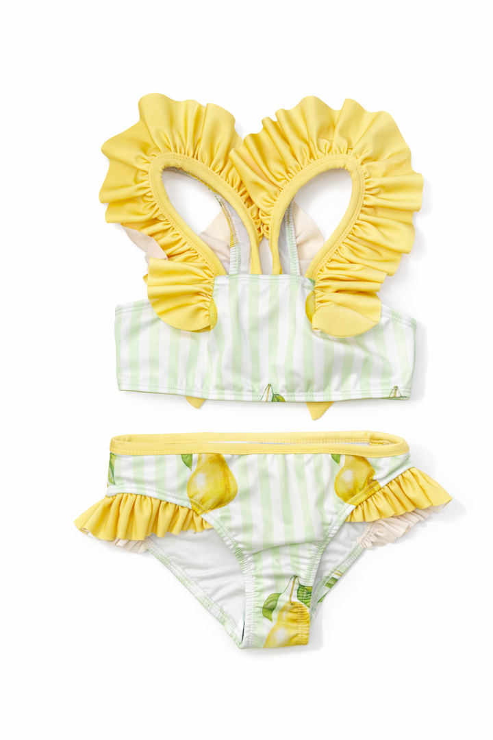 voorkant van pastelkleurige bikini met peren print en streekdetails van Meia Pata