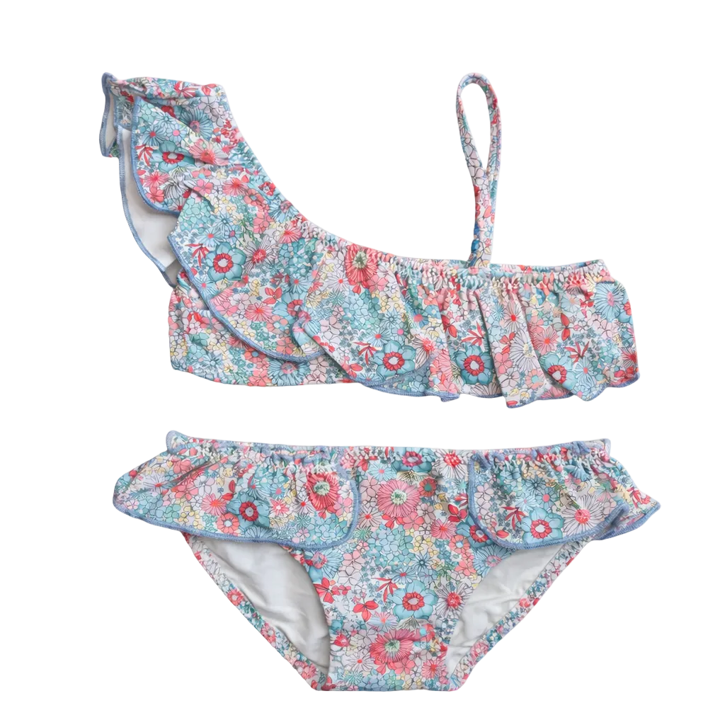 vrolijke bikini met bloemenprint in lichtblauw, koraal, lichtroze en geel van martin aranda 
