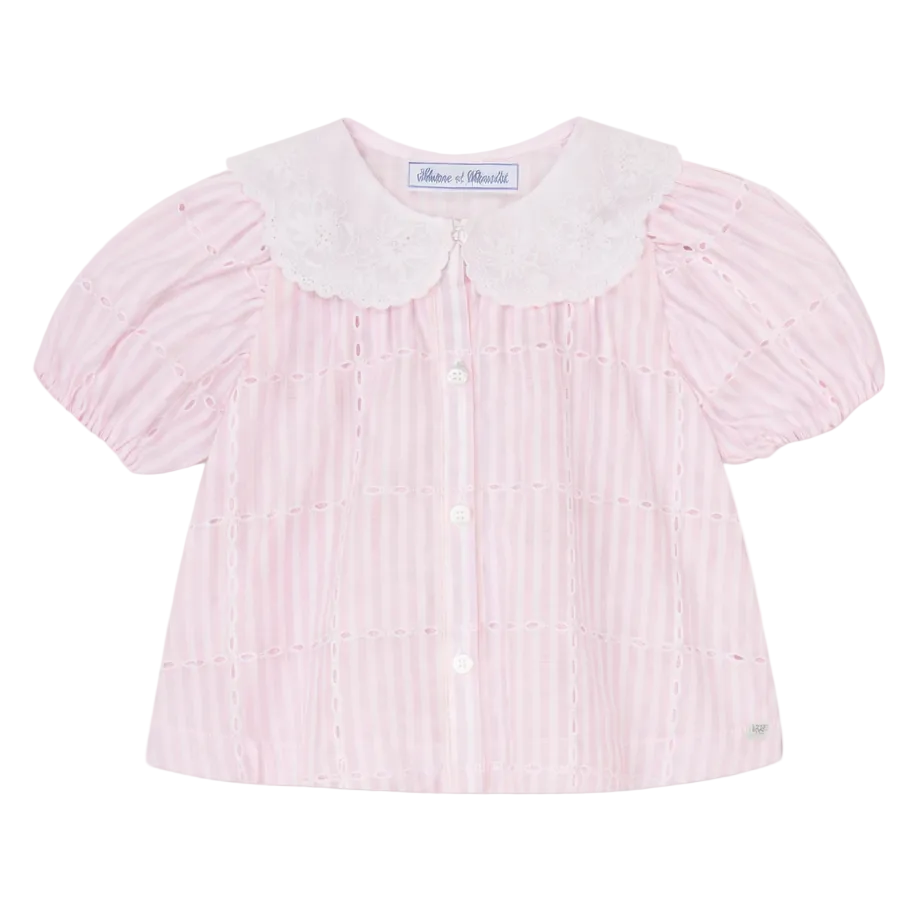 Roze gestreepte mdeijes blouse Tartine et Chocolat met broderie en klassieke kraag