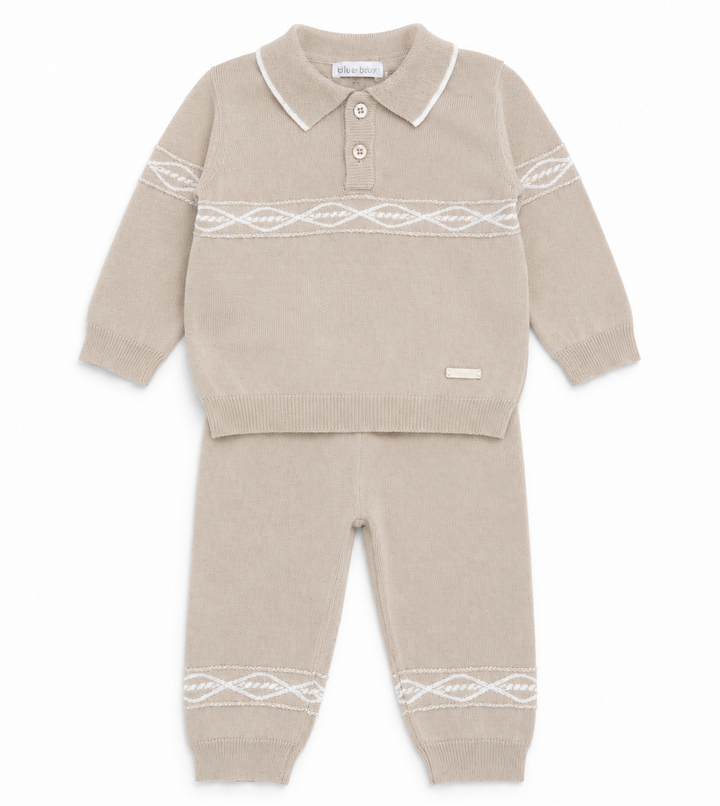 beige katoen gebreide set polo + broekje van blues baby 