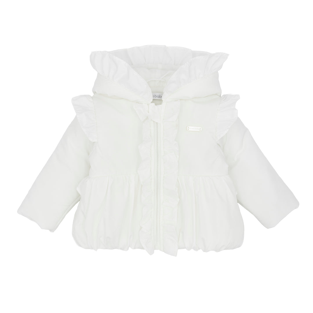 witte gevoerde jas met ruches en capuchon, met strik aan de achterkant in wit van blues baby