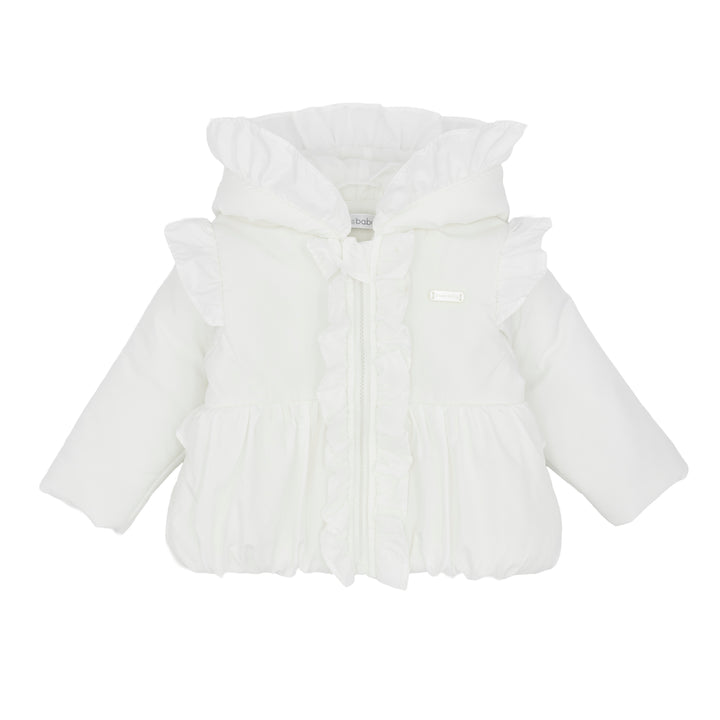 witte gevoerde jas met ruches en capuchon, met strik aan de achterkant in wit van blues baby