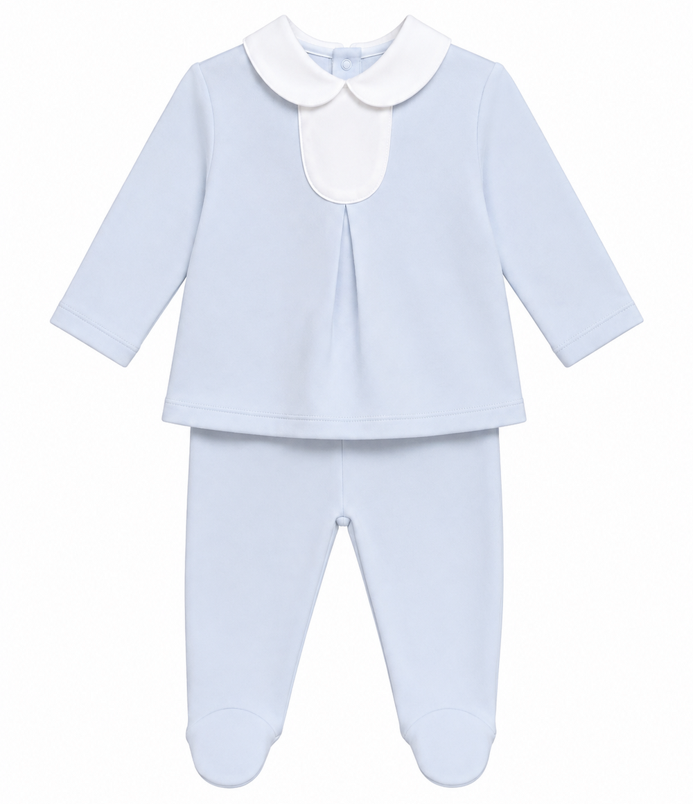lichtblauw tweedelig babypakje met ronde kraag van blues baby