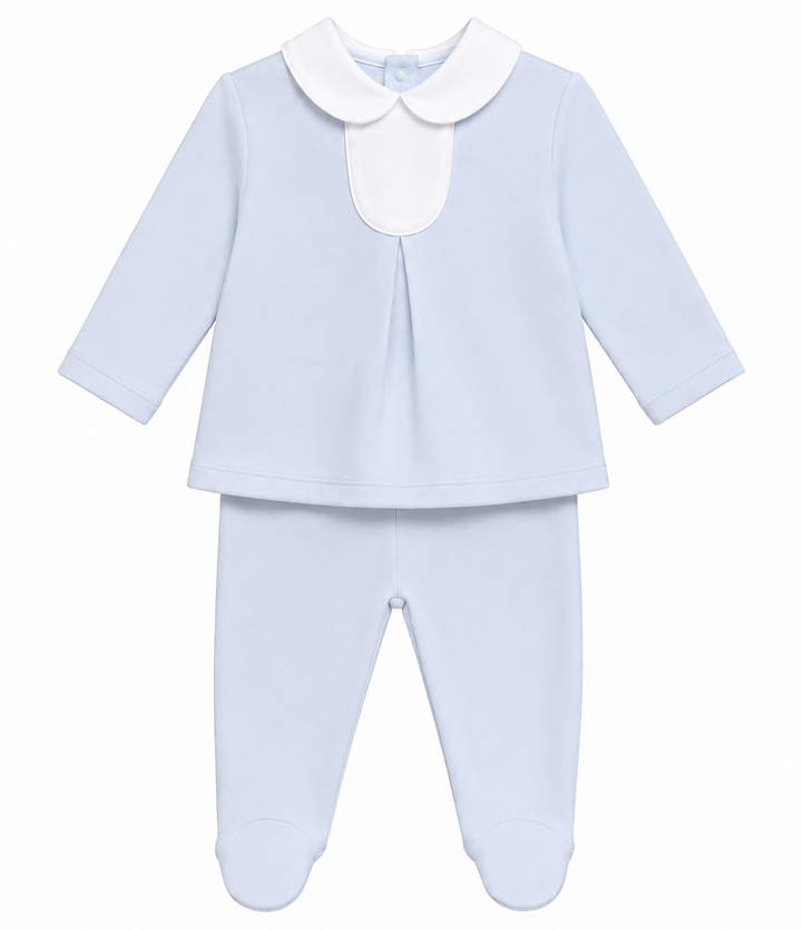 lichtblauw tweedelig babypakje met ronde kraag van blues baby