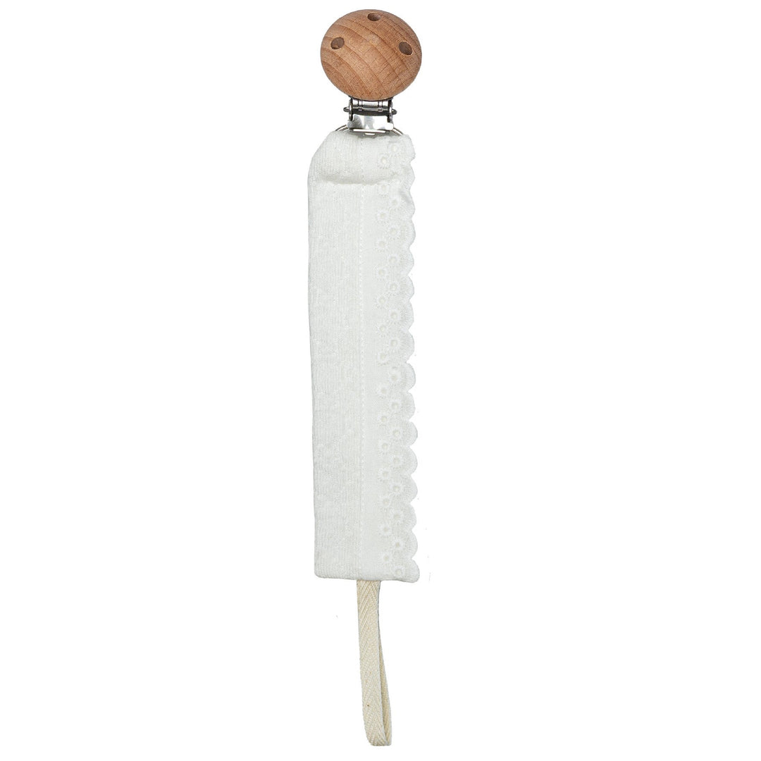 Speenkoord met houten clip en broderie rand in offwhite van het merk Calamaro