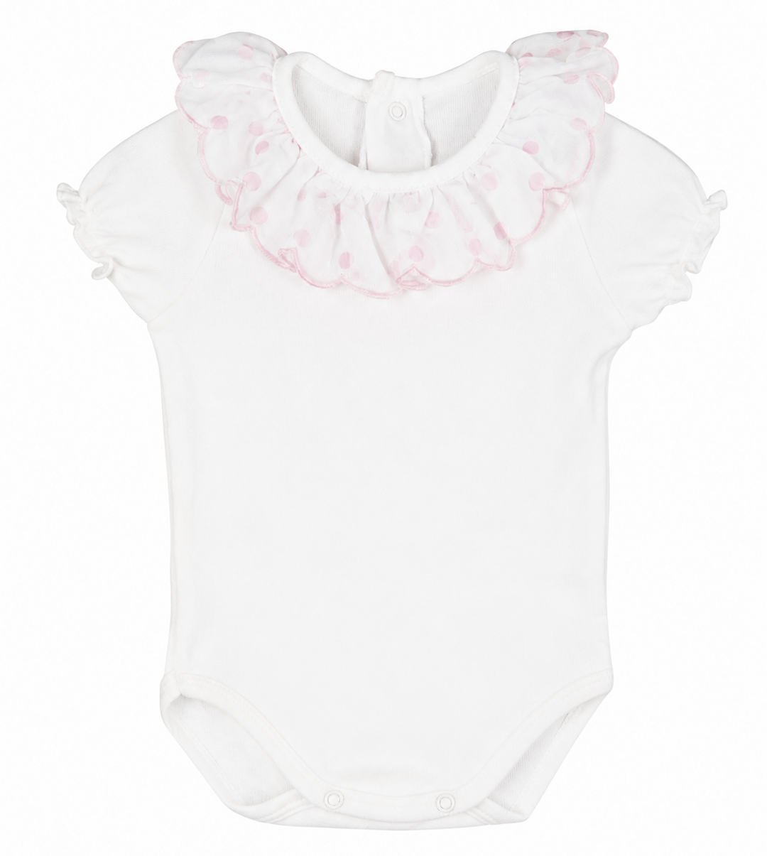 Witte Calamaro romper met pofmouwtjes en ruffle sierkraag metgeborduurde stippen en bies in lichtroze 