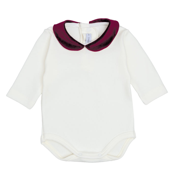 offwhite romper met burgundy Peter pan kraag in velvet
