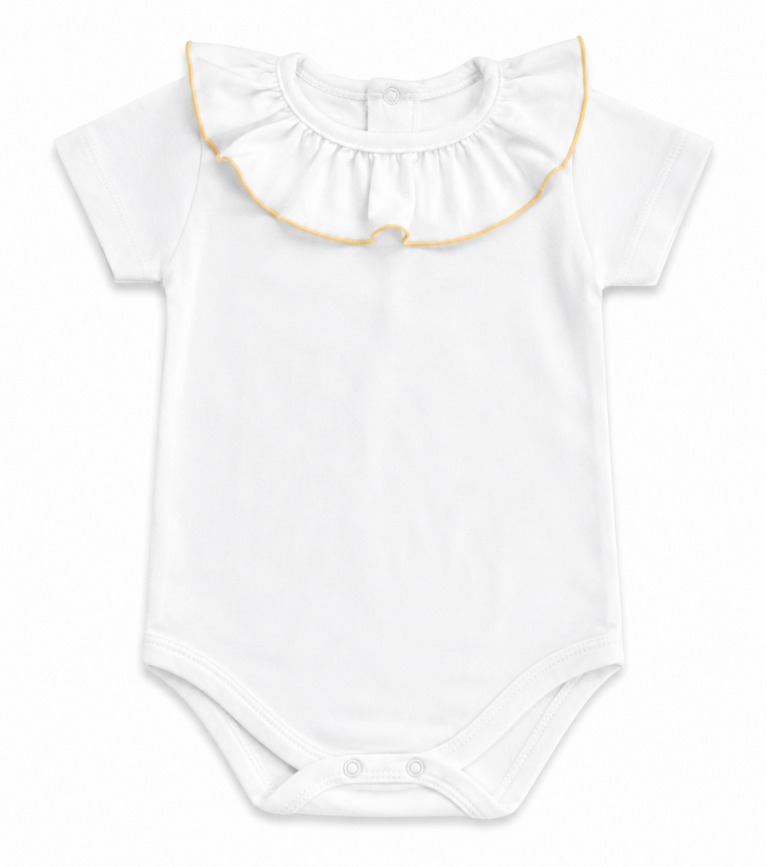Calamaro baby romper wit met ruches kraag en gele bies