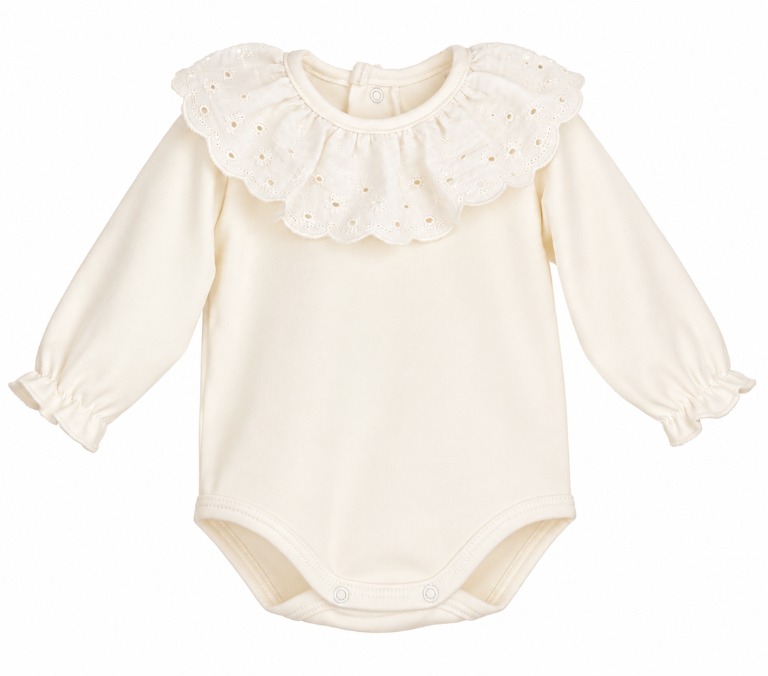romper met grote broderie kraag in beige van calamaro