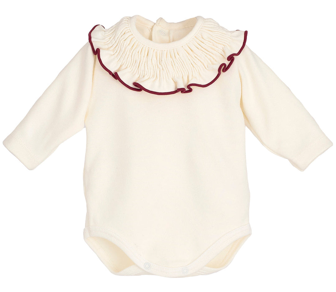 romper met smok kraag met burgundy detail van calamaro