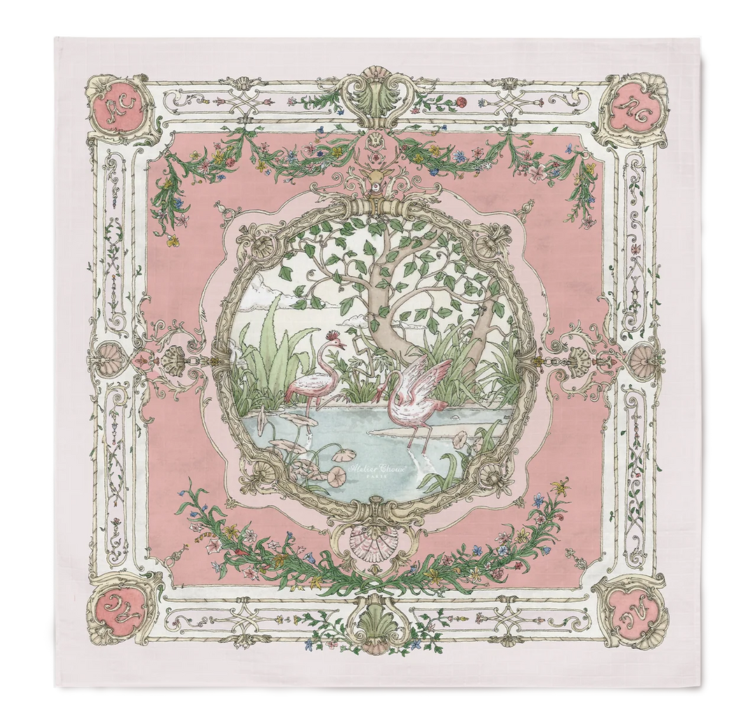 Atelier Choux Carré Tapestry Pink on Pink hydrofiele doek met flamingo illustraties