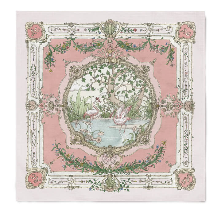 Atelier Choux Carré Tapestry Pink on Pink hydrofiele doek met flamingo illustraties