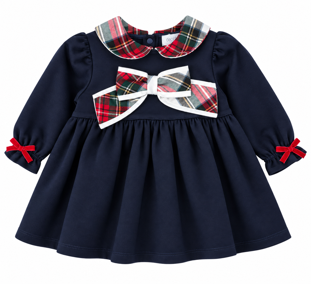 deolinda tartan feestjurk in donkerblauw me strik en peter pan kraag 