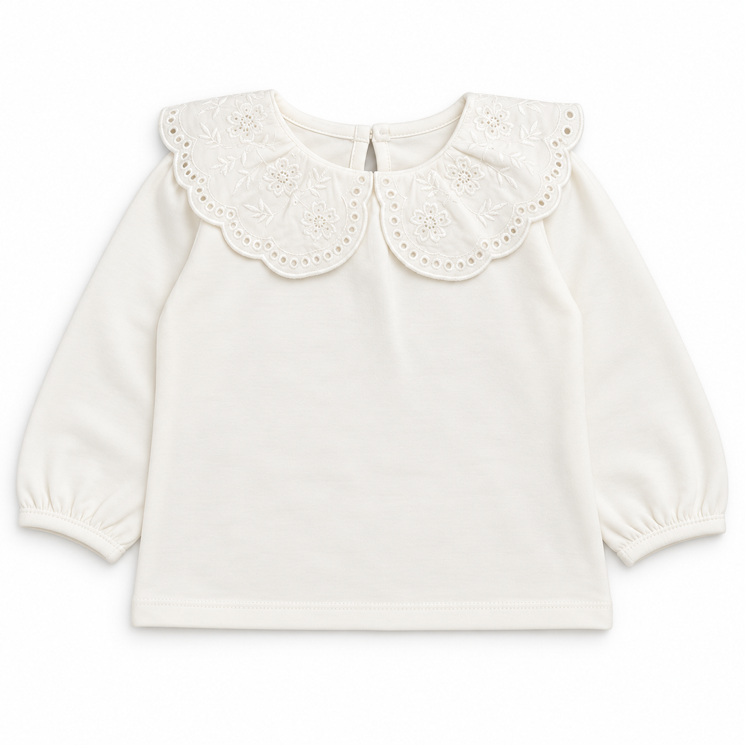 t-shirt met broderie kraag en lange pofmouwen