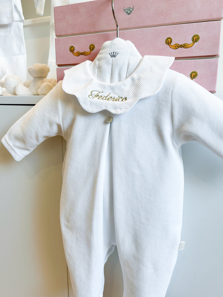 Babypakje velours + Pique kraag (wit) - Baby Gi