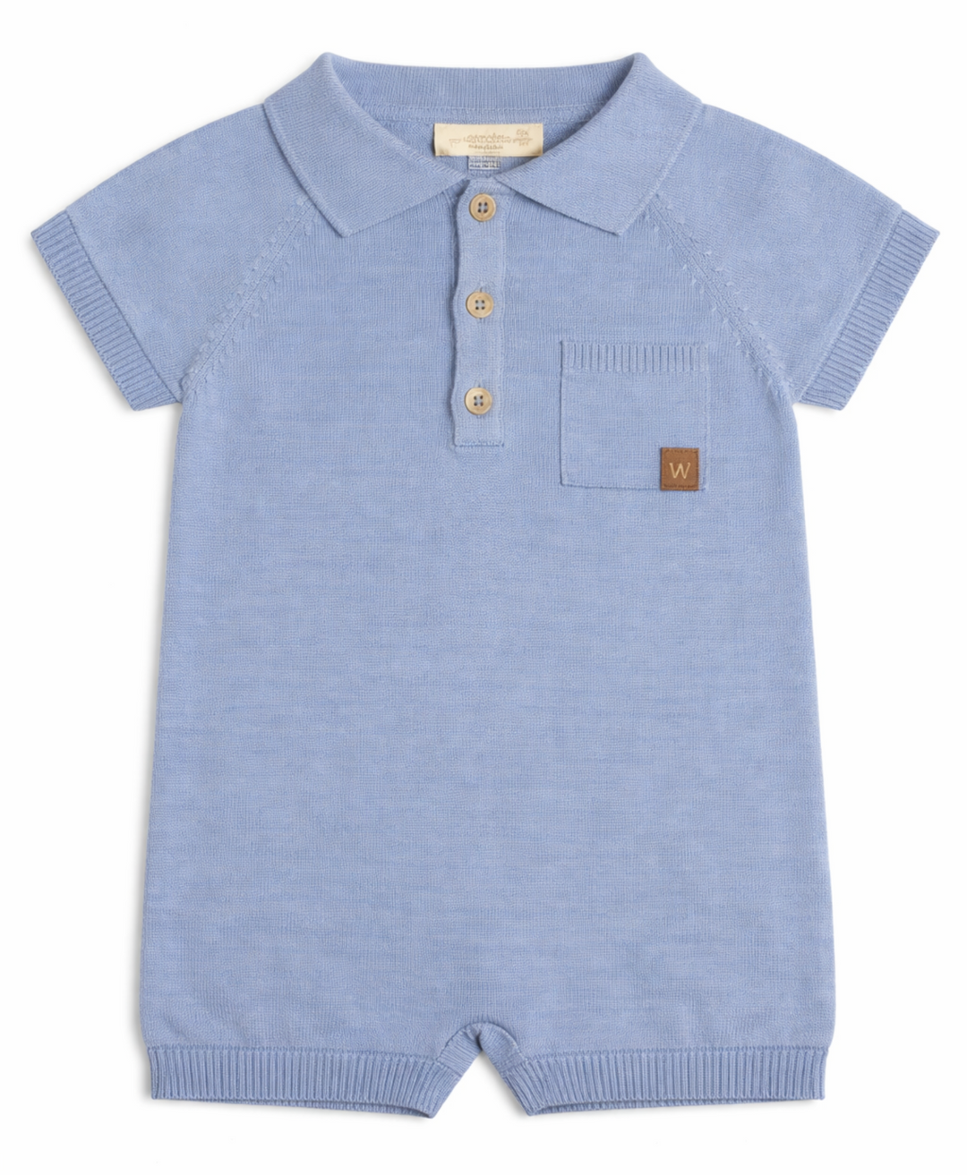 Wedoble baby playsuit blauw gebreid met kraag en korte mouw