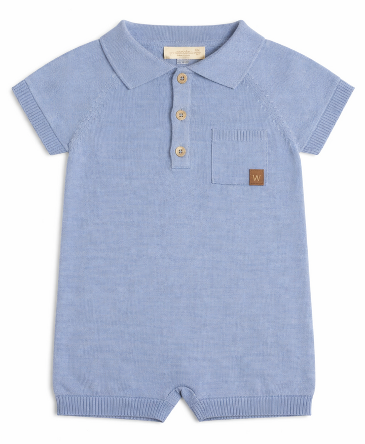Wedoble baby playsuit blauw gebreid met kraag en korte mouw
