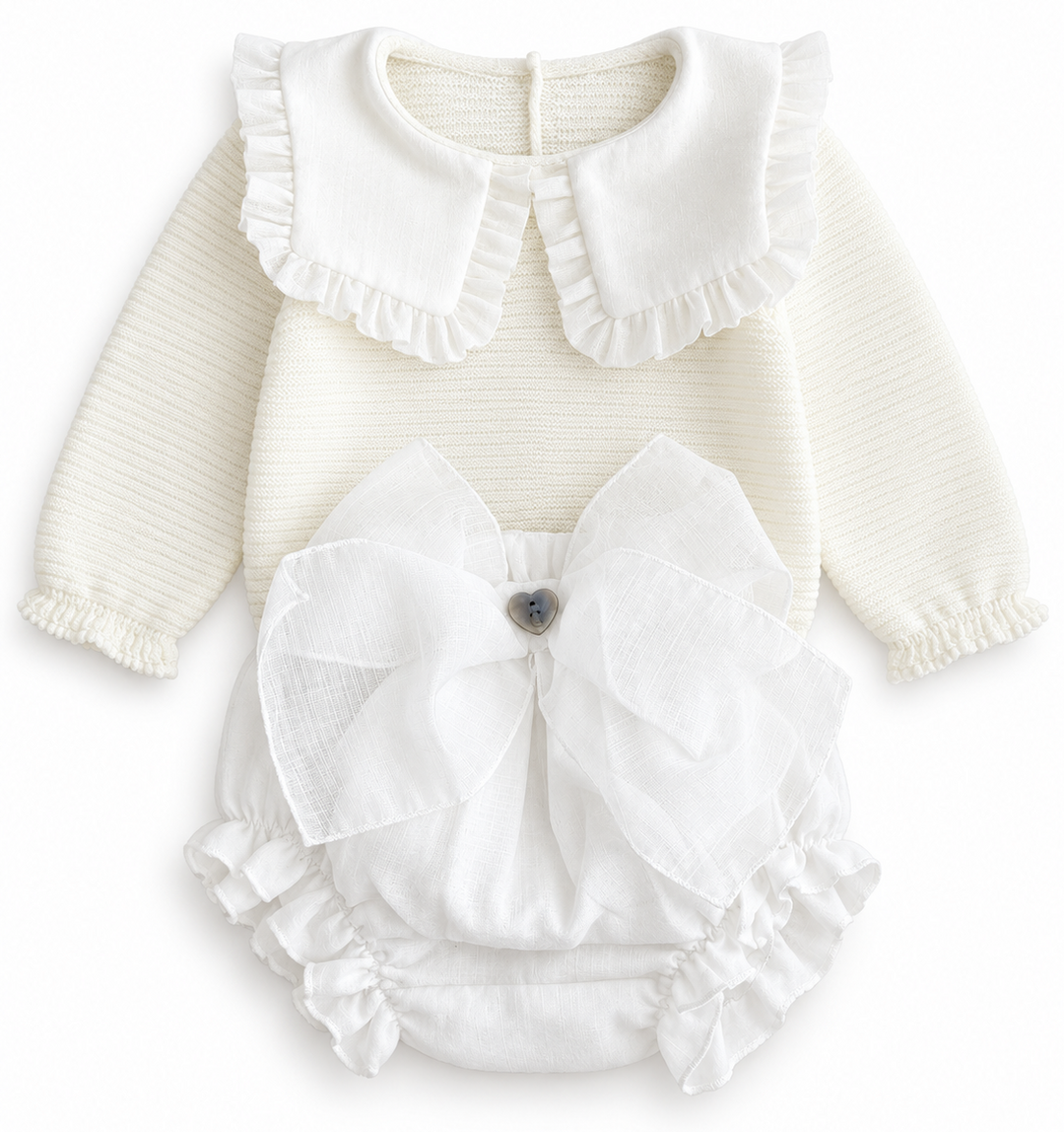 tweedelige set ceremonie van grabnlei top gebreid met bloomer met groite strik