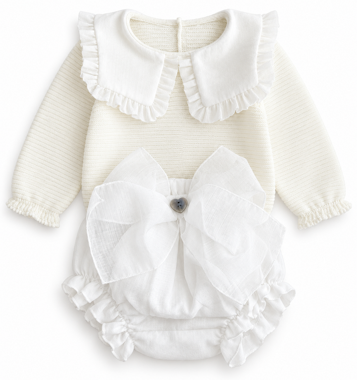 tweedelige set ceremonie van grabnlei top gebreid met bloomer met groite strik