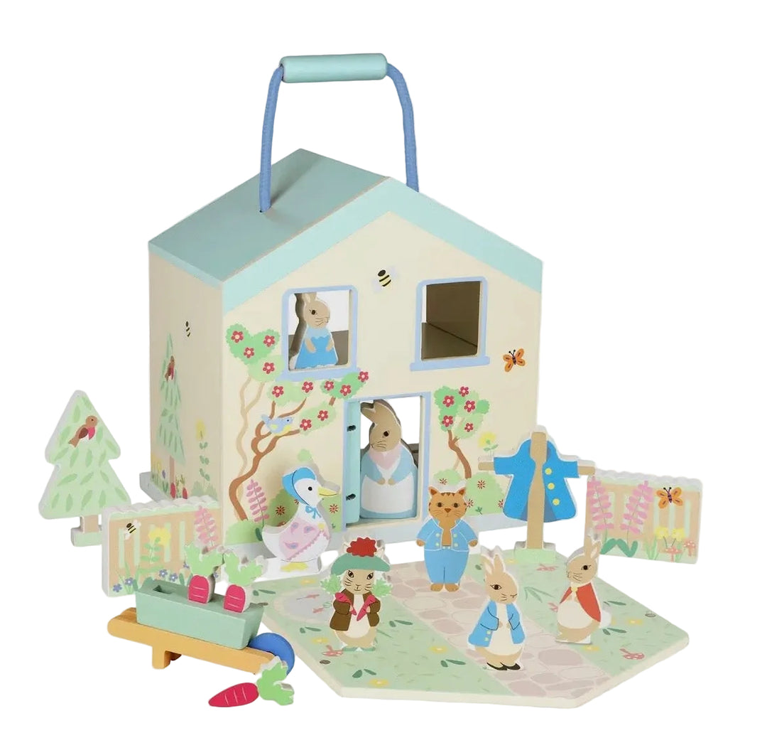 Houten peter rabbit speelset draagbaar huisje met figuren en tuinaccesoires