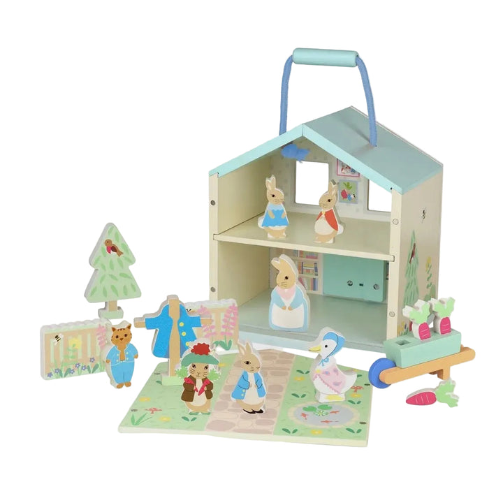 Houteb speelset in draagbaar huisje mer figuren
