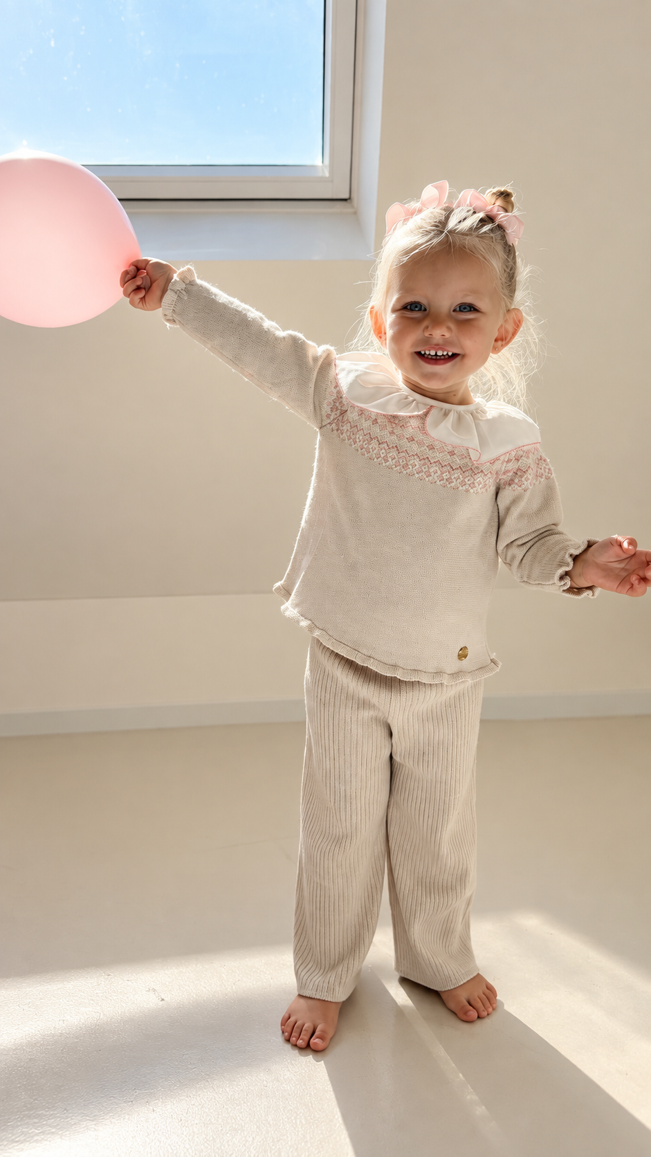 Granlei Tweedelige Gebreide Set met Wijde Broek – Beige & Roze