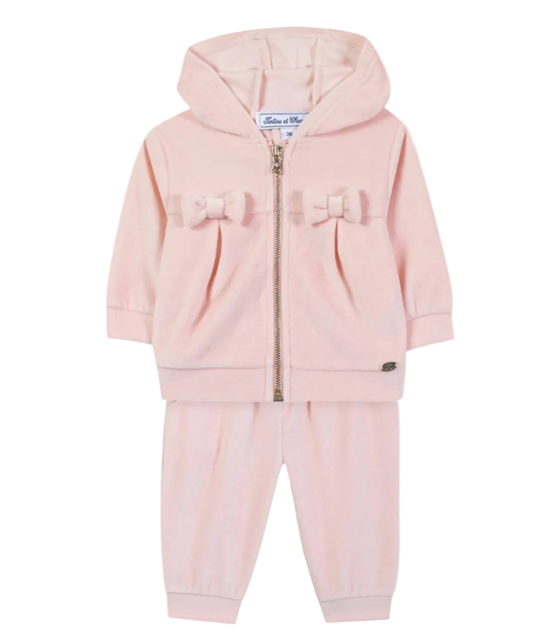 Velours tweedelige joggingpakje met strijkdetails en capuchon in pale pink met gouden rits van Tartine et Chocolat