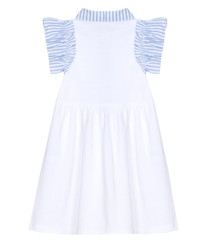 Achterkant van Patachou meisjesjurk met blauw-wit gestreepte details en soep vallende rok