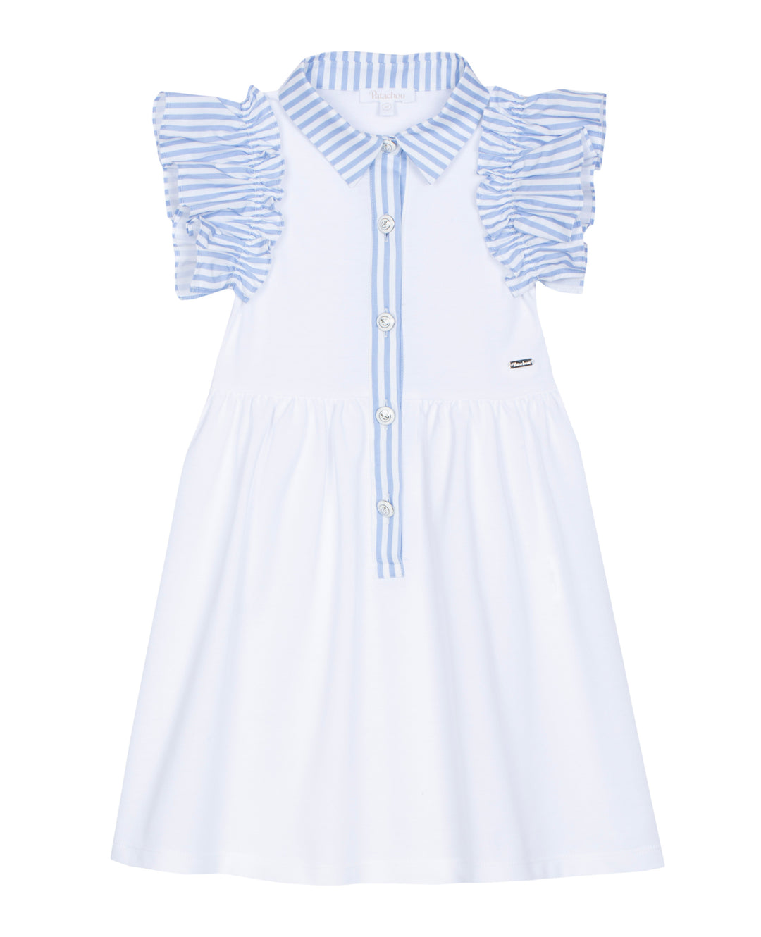 Patachou meisjesjurk wit met blauw-witte strepen en ruchesmouwen uit de zomercollectie 2026