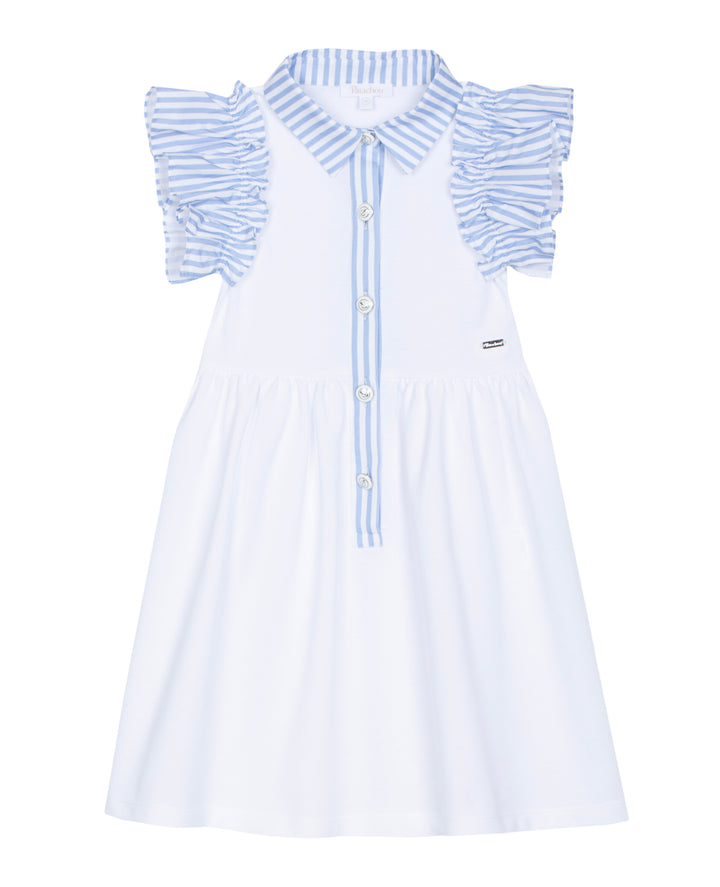 Patachou meisjesjurk wit met blauw-witte strepen en ruchesmouwen uit de zomercollectie 2026
