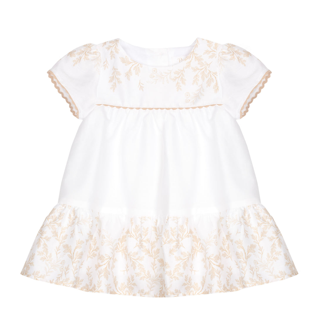 Wit jurkje met A-lijn pasvorm en subtiele Leaf print 