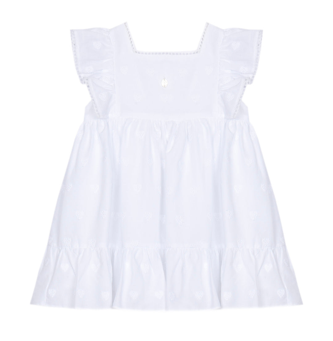 Wit katoenen jurkje van Patachou subtiel uitgewerkte hartjes en schouderruches 