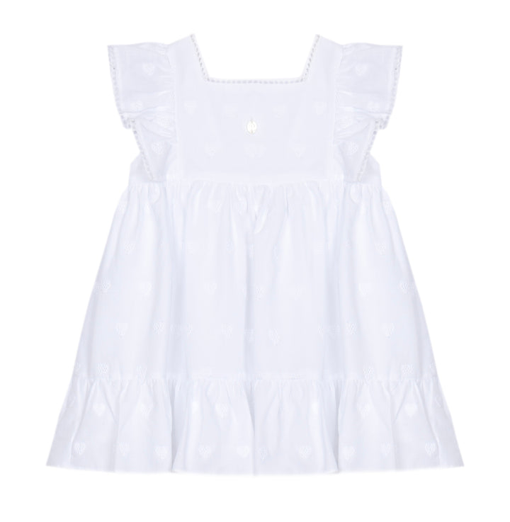 Wit katoenen jurkje van Patachou subtiel uitgewerkte hartjes en schouderruches 