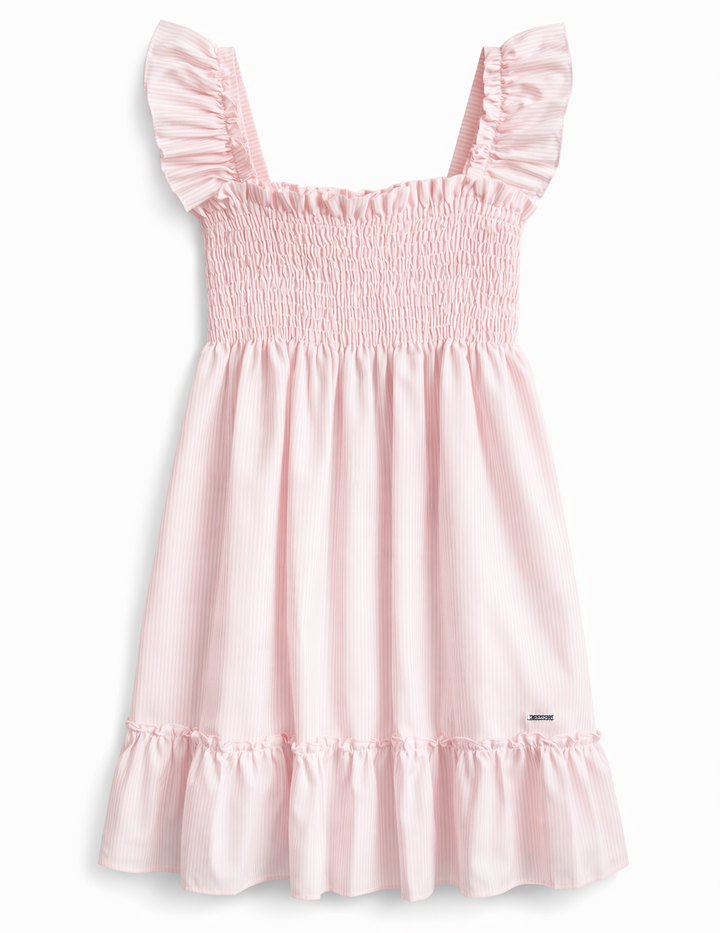 Jurk met smokwerk en ruffle bandjes van Patachou in lichtroze en wit streefmotief