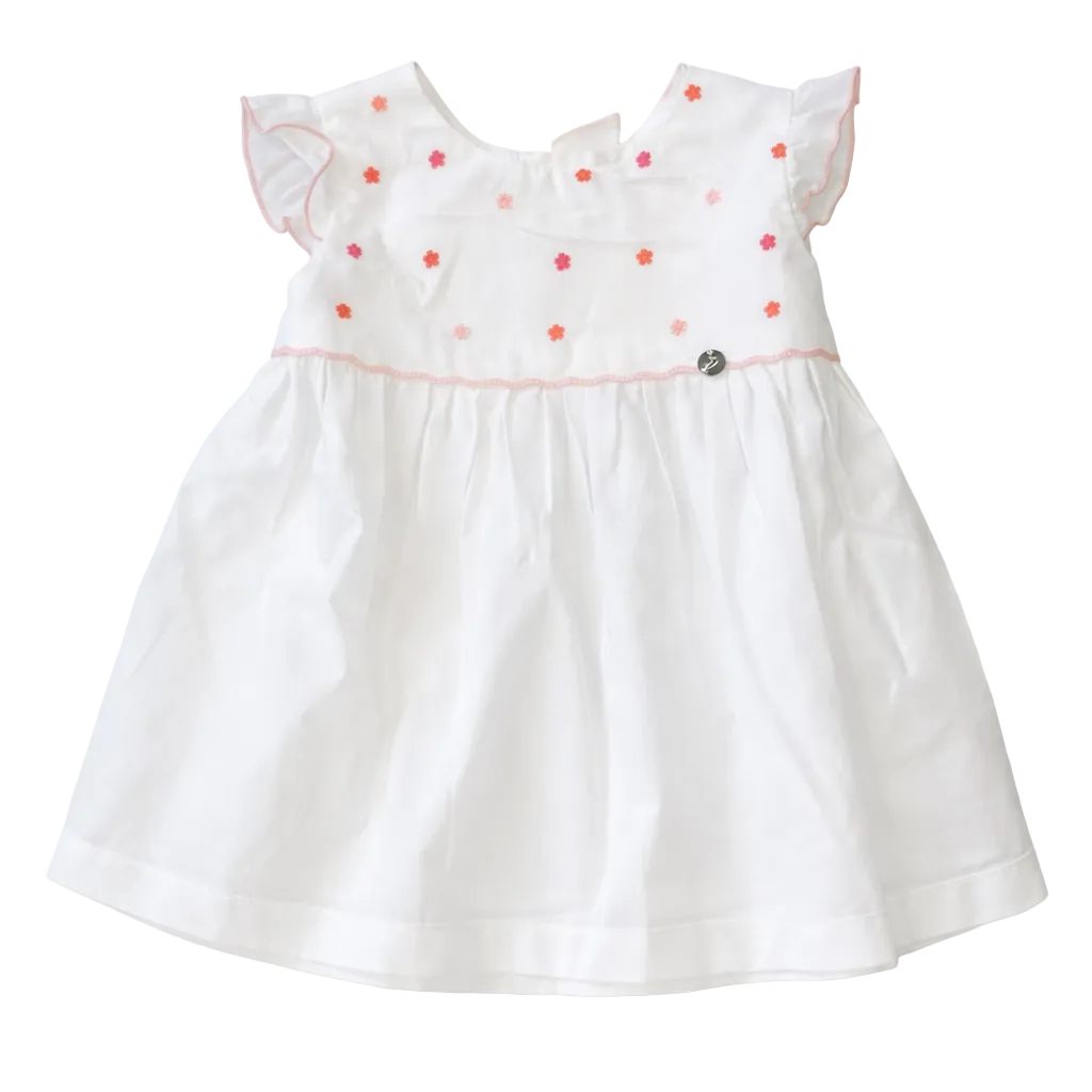 A-lijn jurkje met geborduurde bloemetjes en kapmouwtjes van het merk Pureté du Bébé