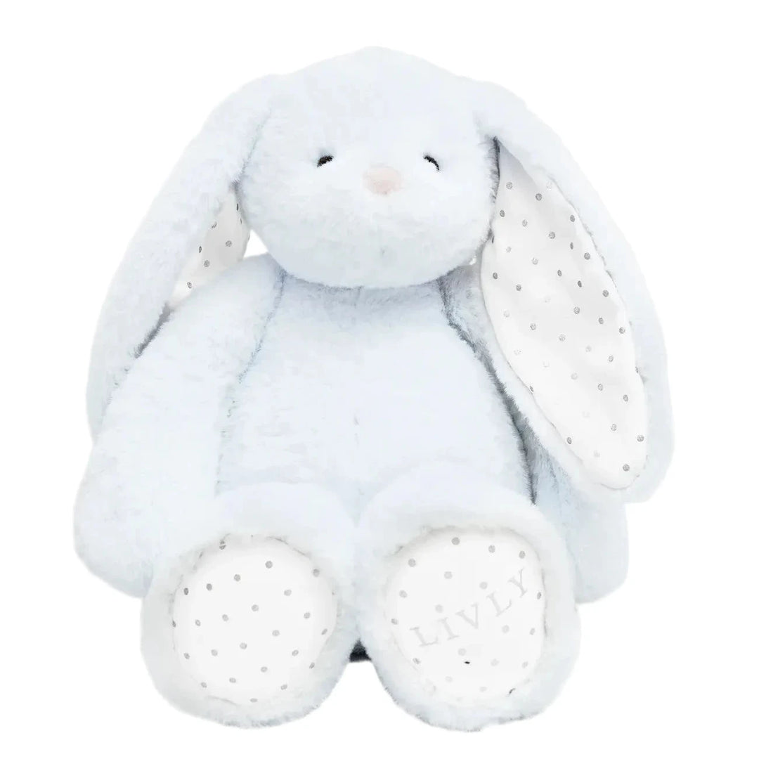 Lichtblauwe bunny pluche konijn met stippendetails in de oren en de voetjes van LIVLY