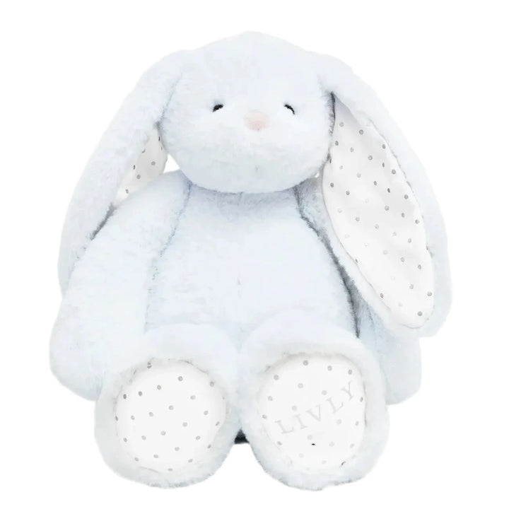 Lichtblauwe bunny pluche konijn met stippendetails in de oren en de voetjes van LIVLY