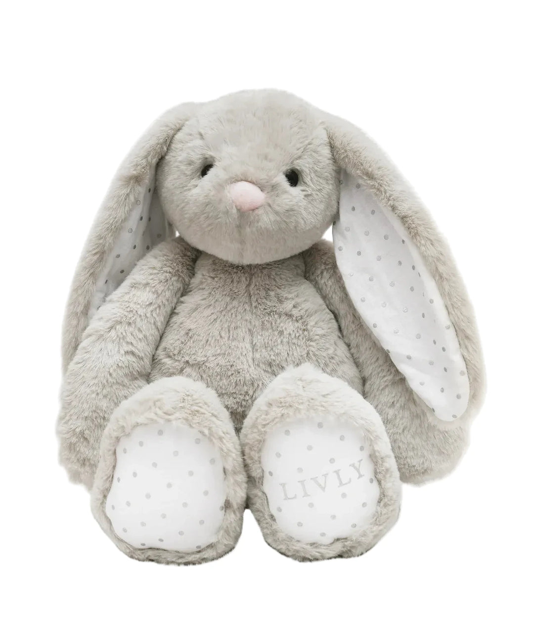 Grijs taupe kleurige pluche konijn met stippendetails in de voren en voetjes van LIVLY