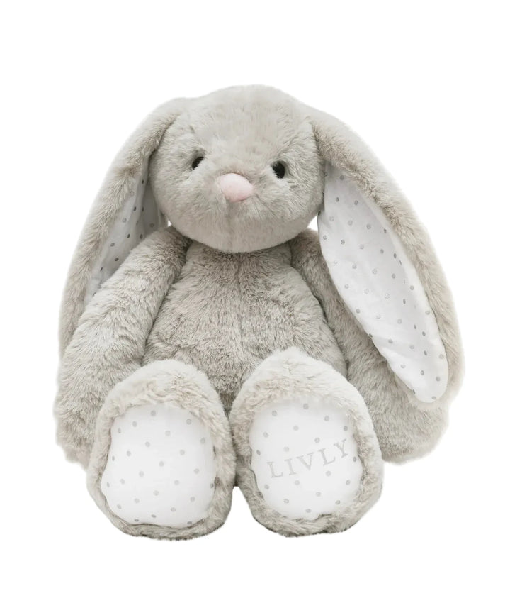 Grijs taupe kleurige pluche konijn met stippendetails in de voren en voetjes van LIVLY