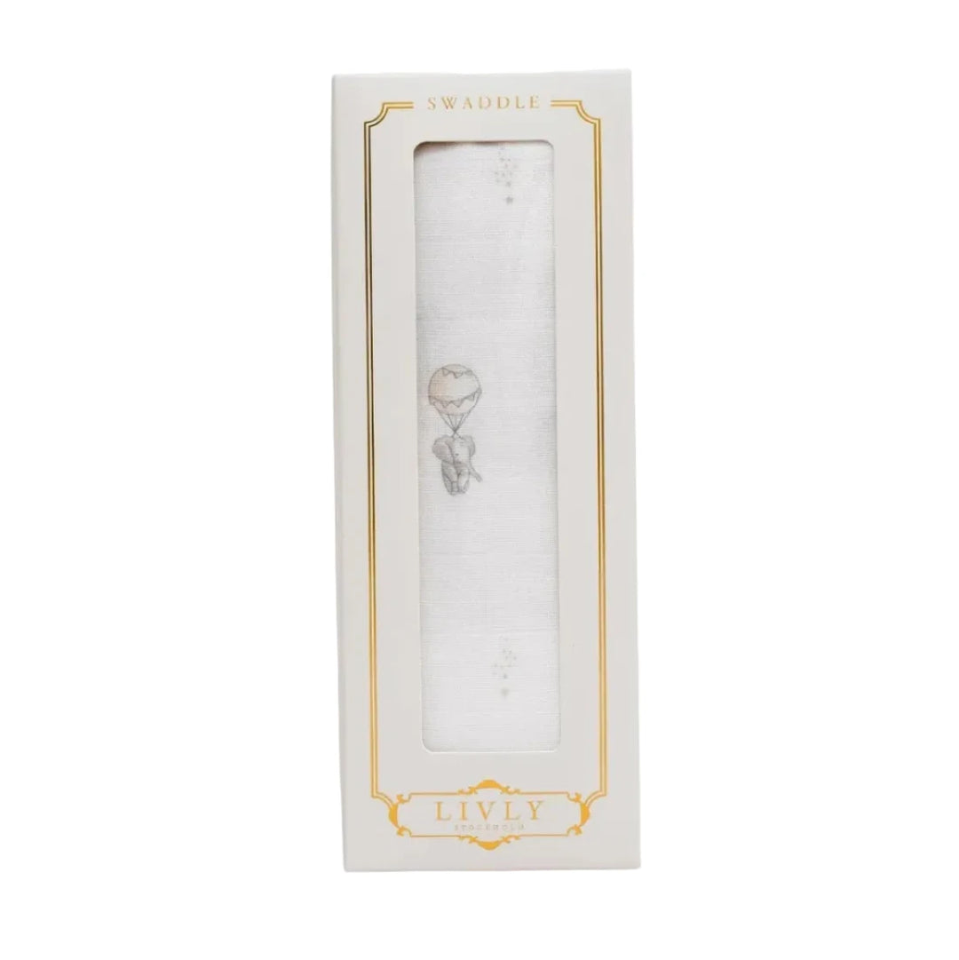 hydrofiele swaddle met olifant in doosje van livly